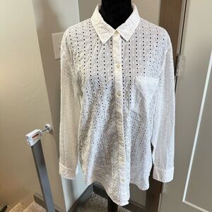 GAP Button Down White Eyelet Detail Lace Blouse Shirt Cotton Long‎ Sleeve Summer